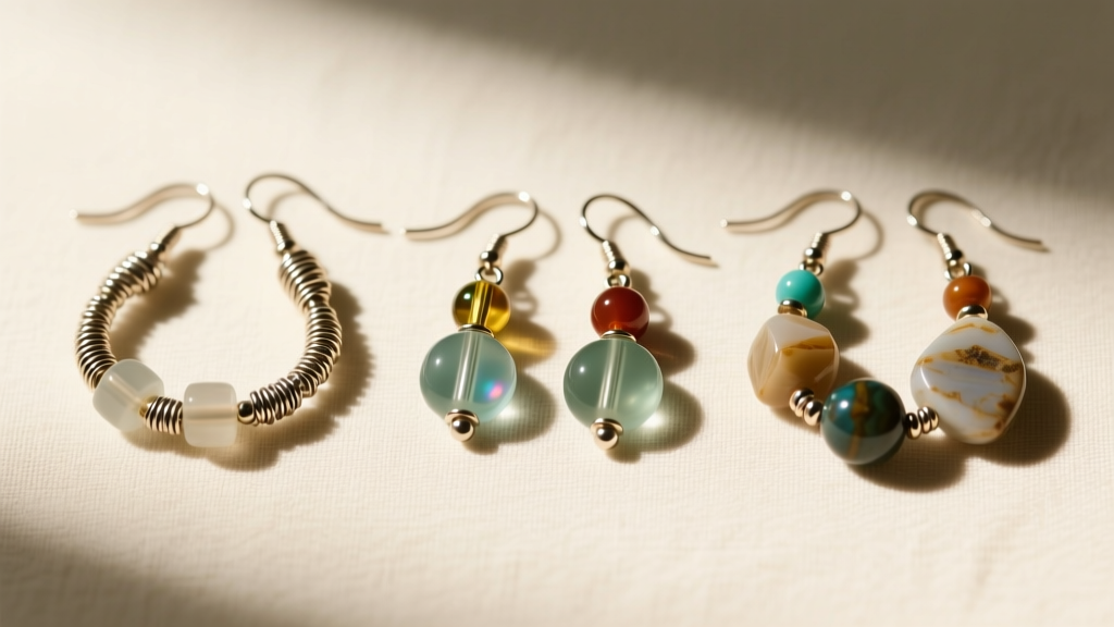 Flat lay of three pairs of handmade beaded earrings showing crimp bead finishes, wire-wrapped loops, and varying bead textures