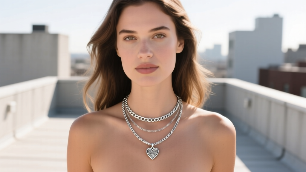 Model wearing a layered stack with a small James Avery heart pendant on a 16-inch box chain and a 20-inch silver rope chain