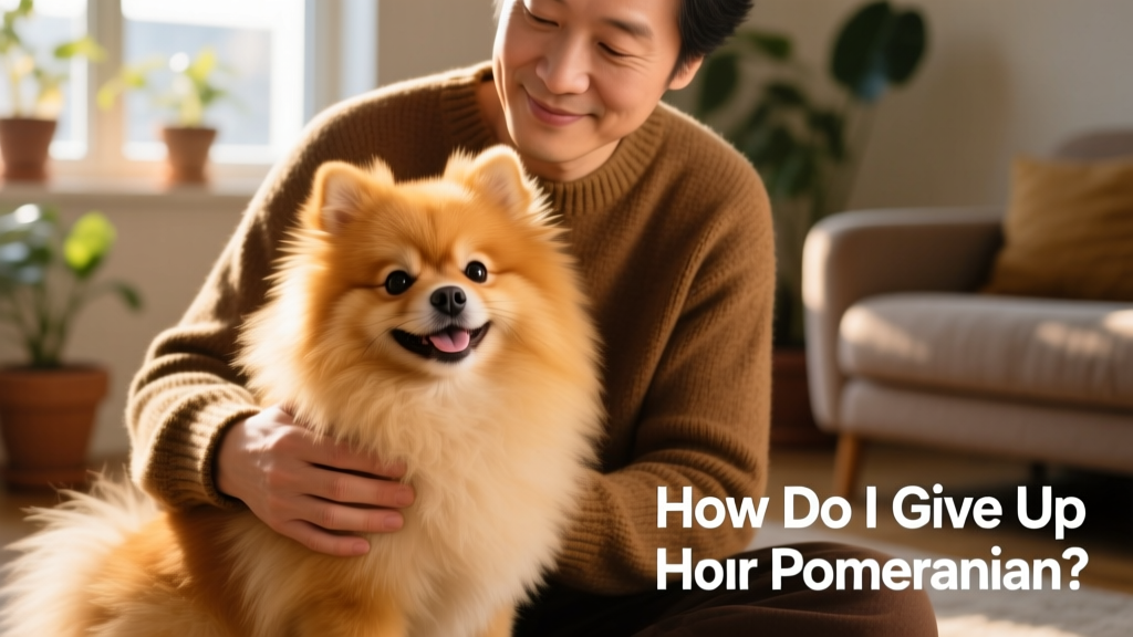 A gentle close-up of a smiling Pomeranian sitting beside a calm, caring adult