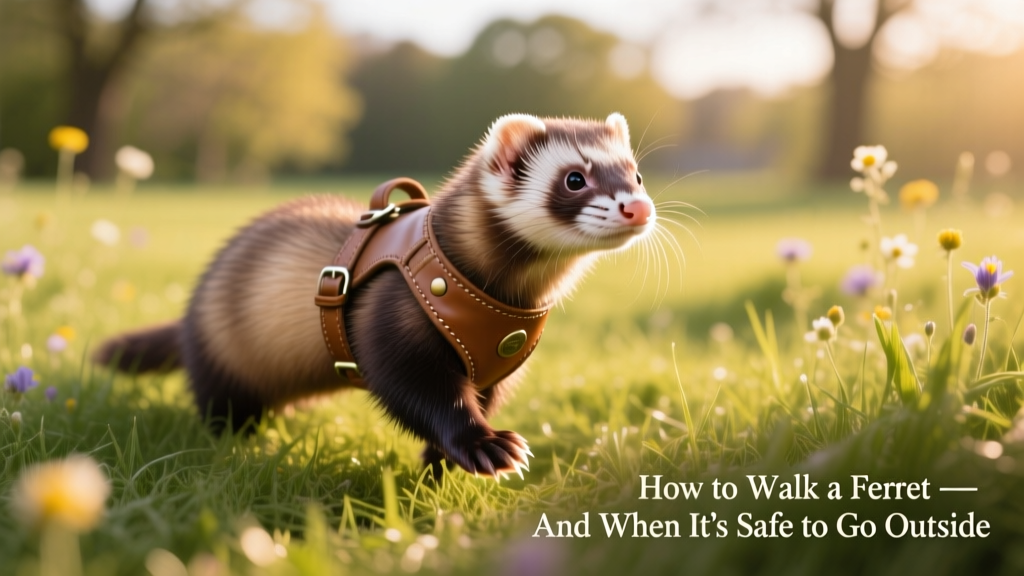 A ferret wearing a snug, well-fitted harness while calmly exploring grassy ground on a sunny day