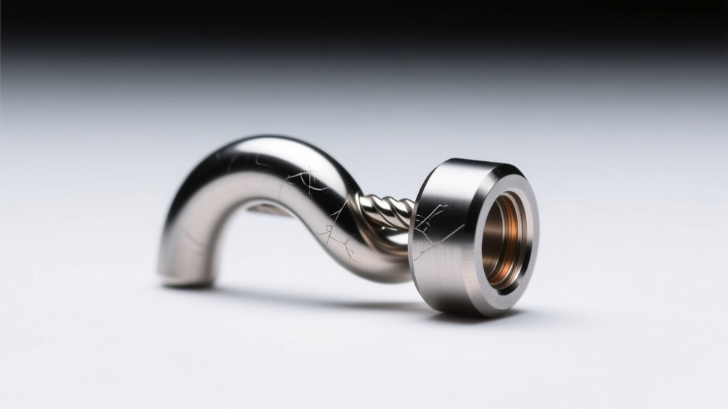 Macro of a 16-gauge threadless titanium post in a rook piercing showing the push-pin tension bend under bright studio lighting