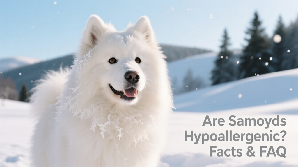 A smiling Samoyed with bright eyes and a fluffy white coat, standing outdoors in snowy conditions