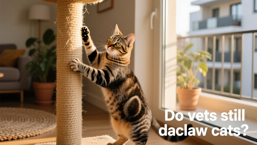 Cat confidently scratching a tall, upright sisal rope post beside a sunny window