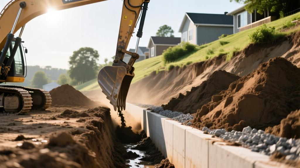 Excavator digging a deep trench for a poured concrete basement foundation on a sloped residential lot with stacked soil piles.