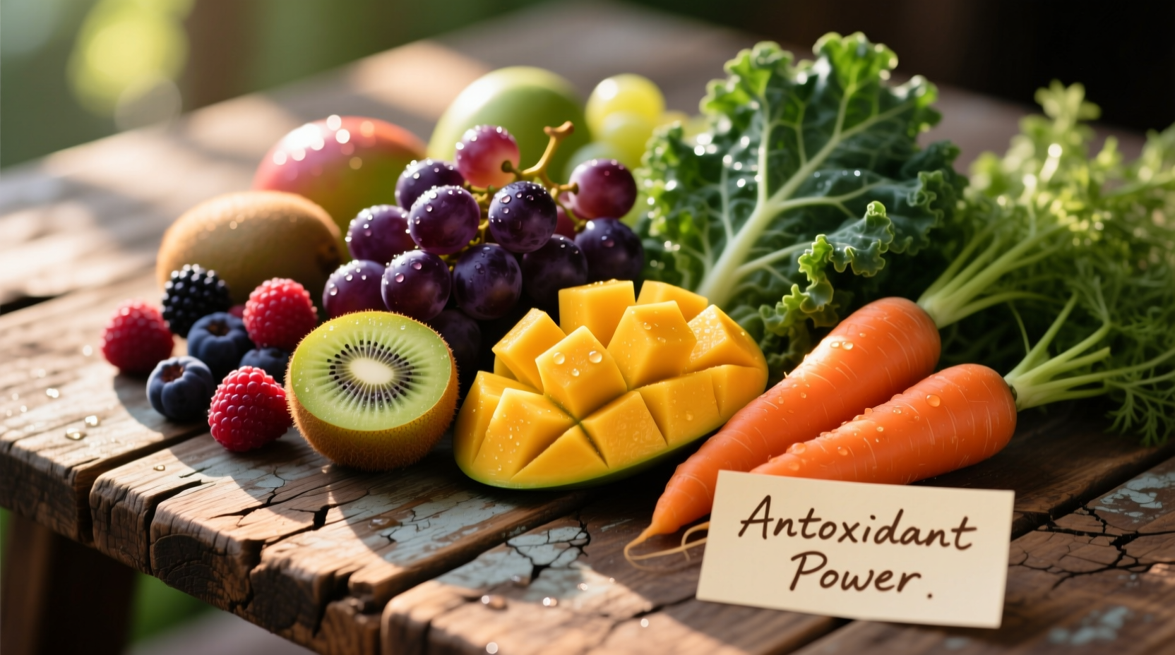Colorful antioxidant-rich foods on wooden table