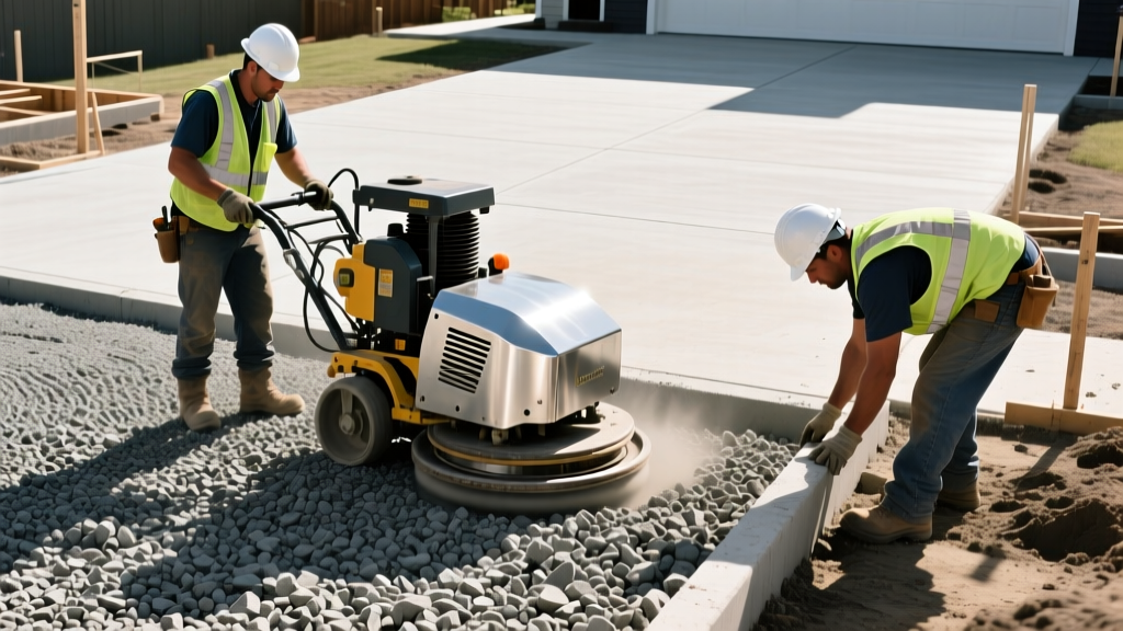 Workers using a vibratory plate compactor over a 4-inch layer of angular #411 crusher run gravel base before pouring a concrete driveway