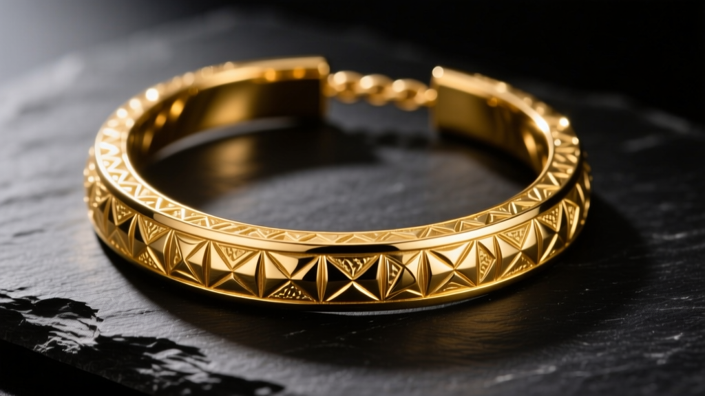 Close-up of a hammered 22k gold biblical-style torque necklace resting on dark slate, illuminated by warm directional light.