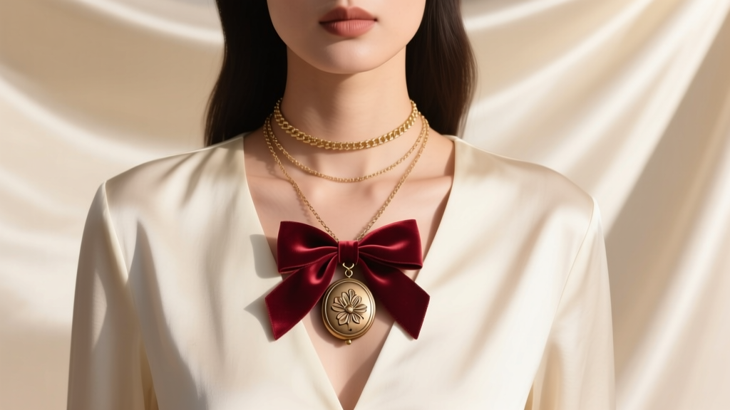 Model wearing a layered stack with a 14-inch choker, 18-inch bow charm, and 22-inch vintage locket against a cream silk blouse.