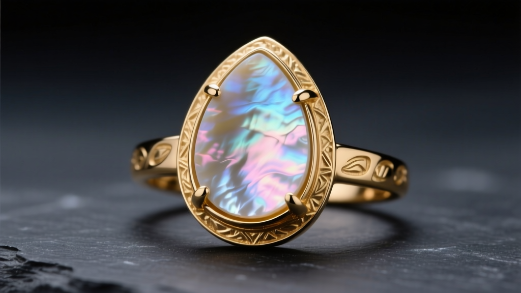 Macro shot of 14k gold bezel holding iridescent mother of pearl teardrop shell, soft studio lighting on a dark slate background