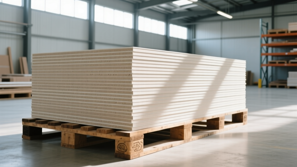 Stacks of standard half-inch gypsum board panels on wooden pallets inside a brightly lit commercial building materials supply warehouse