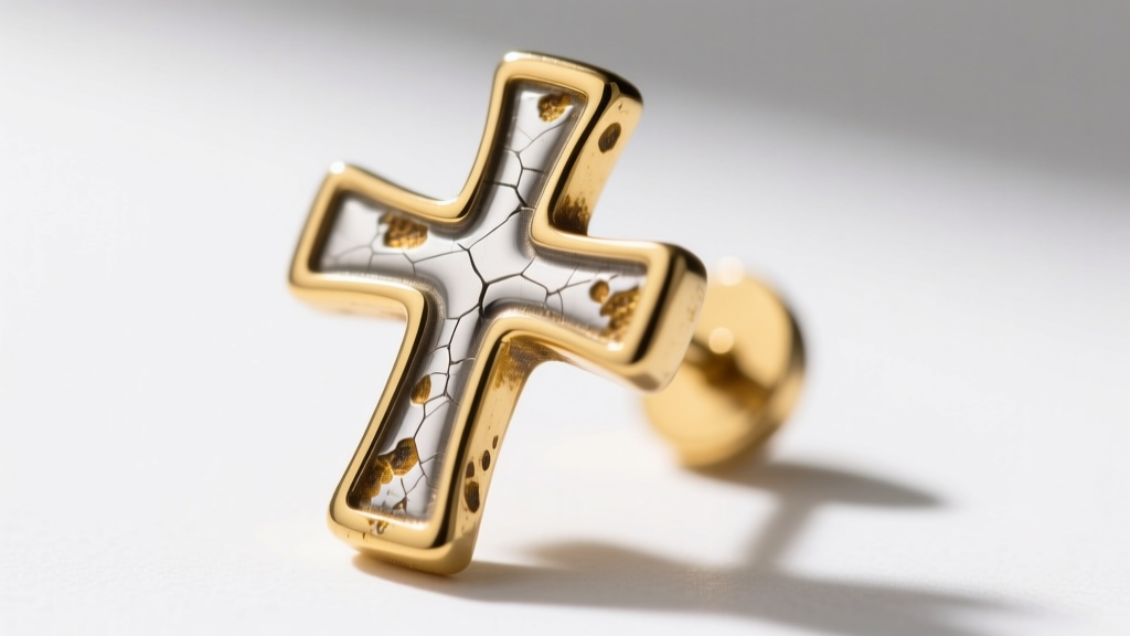 Macro shot of worn gold plating on a vermeil cross earring post, revealing dull sterling silver base metal under bright light