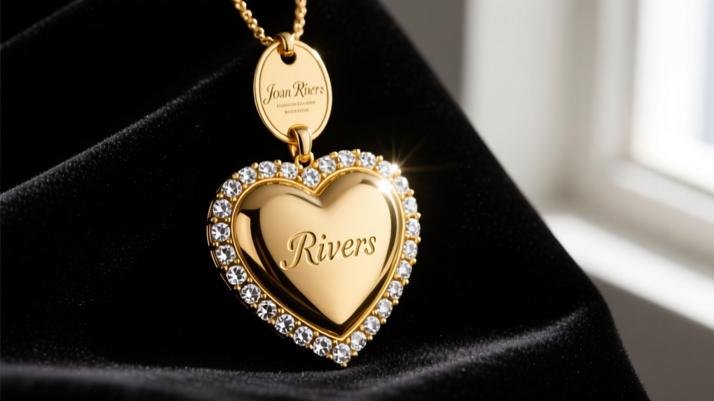 Close-up of a vintage Joan Rivers gold-tone heart pendant with pavé Austrian crystals and an oval hangtag resting on dark velvet.