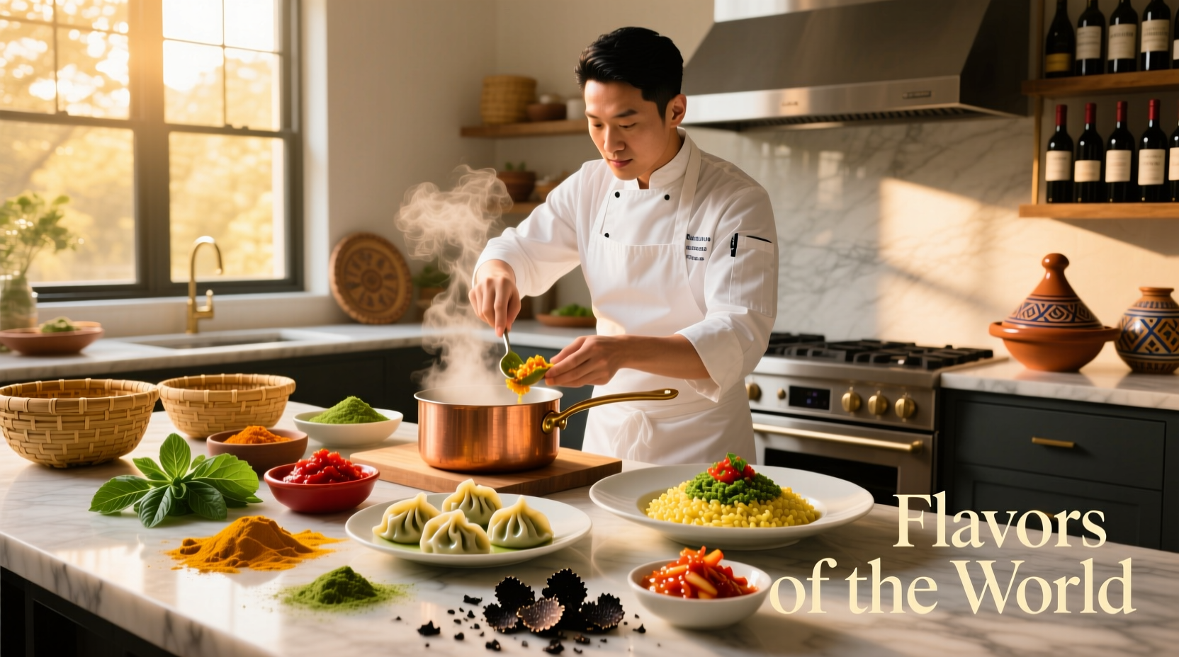 Chef preparing vibrant fusion cuisine with multiple cultural ingredients