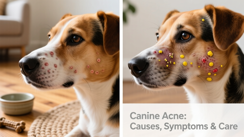 Side-by-side comparison showing mild canine acne (small bumps) vs. moderate acne (pustules and crusting)