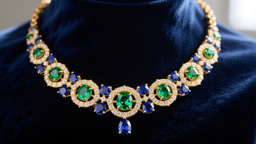 Macro shot of 18k yellow gold multi gemstone necklace with sapphires and emeralds on velvet, highlighting prong settings.