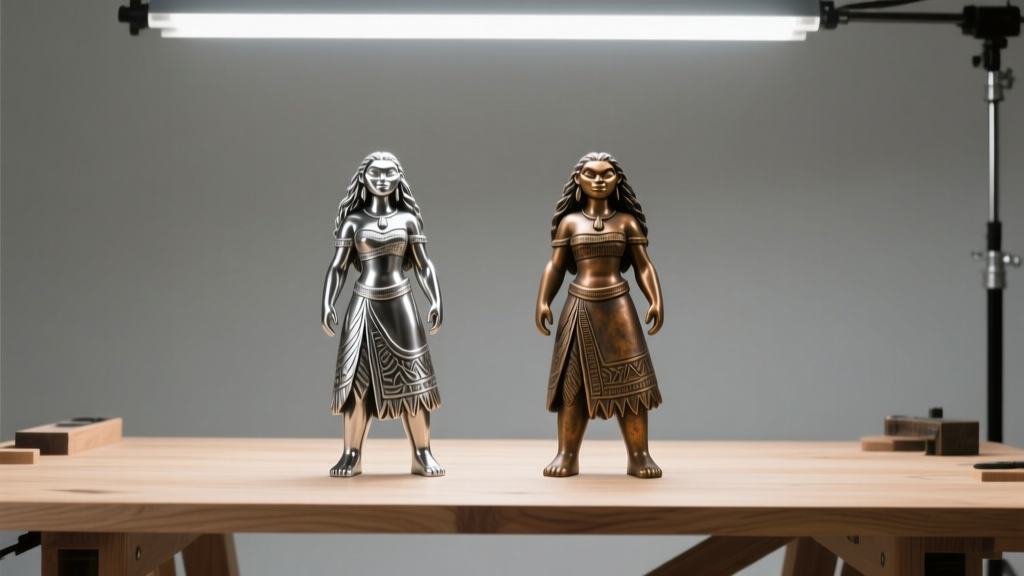 Zinc alloy Te Fiti replica beside a bronze version on a wooden workbench, illuminated by bright overhead studio light.