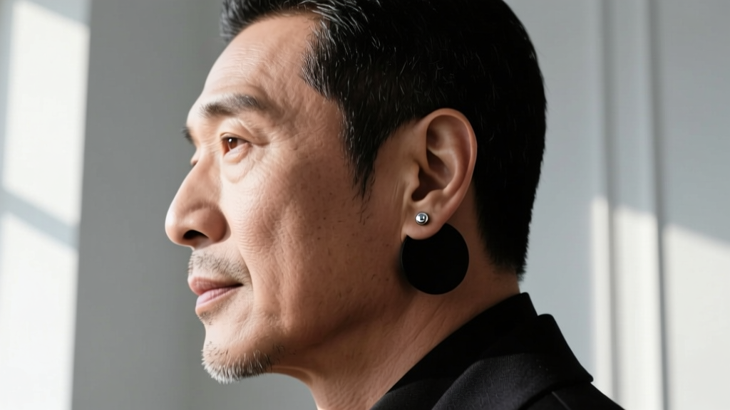 Side profile of a man with a square jaw wearing an oversized matte black ear cuff and small lobe stud, shot in natural daylight.