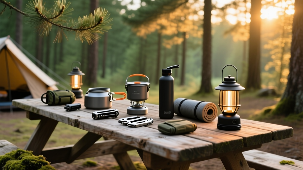 A rustic wooden picnic table at a pine forest campsite displaying a collection of compact, budget-friendly camping gadgets and LED lanterns.
