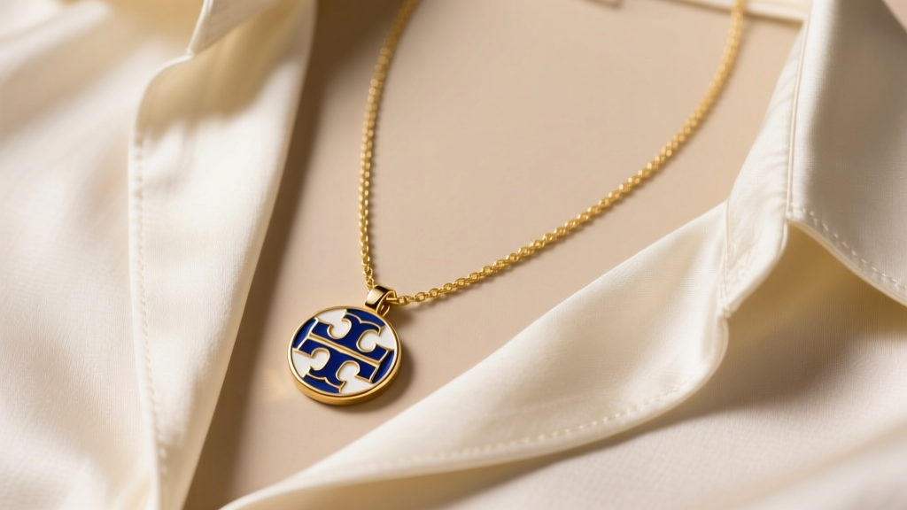 Gold-tone Tory Burch long necklace with enamel double-T pendant on a cream silk blouse under soft studio lighting, top-down view