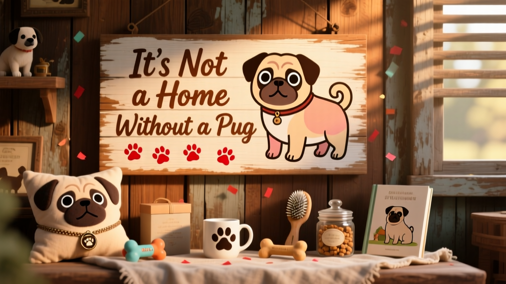 Wooden wall sign reading 'It's Not a Home Without a Pug' with a stylized pug illustration and red paw prints