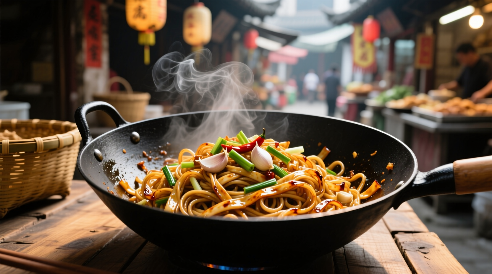 Perfectly cooked rice stick noodles in wok