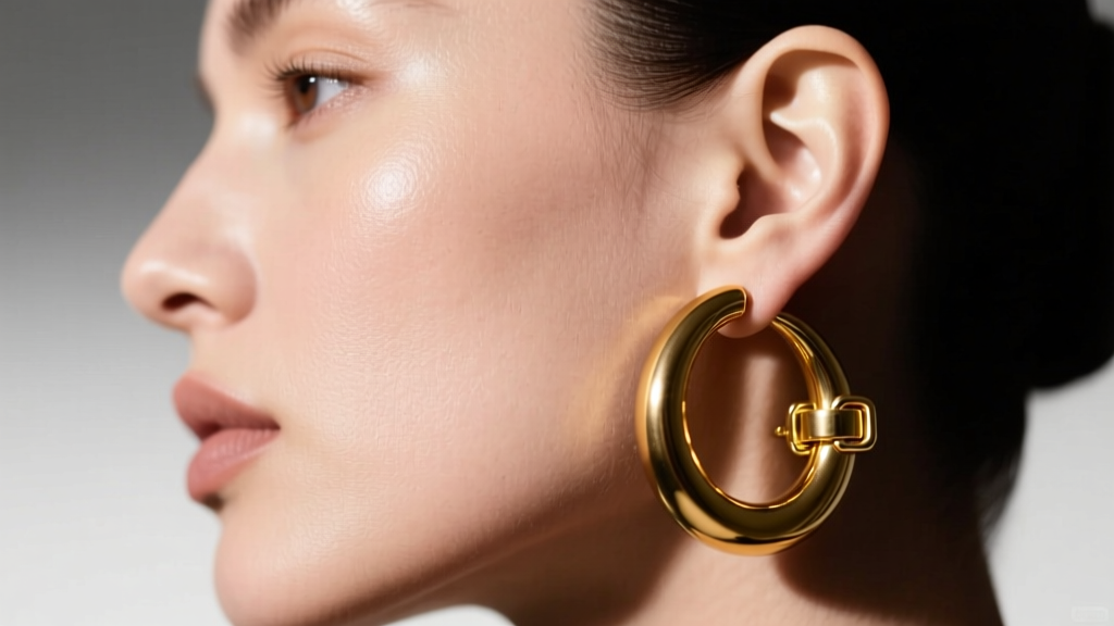 Close-up of a model wearing 50mm 8-gauge solid gold thick hoop earrings, highlighting the heavy clasp mechanism against the earlobe.