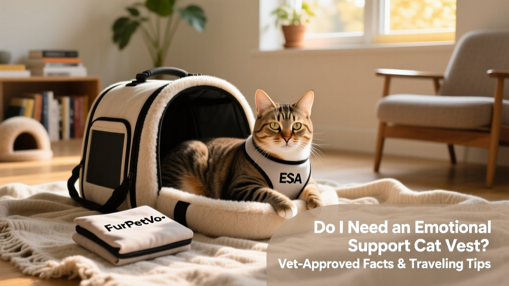 A serene, confident cat resting comfortably in a soft-sided carrier with a small FurPetVo-branded ESA vest draped nearby on a travel blanket