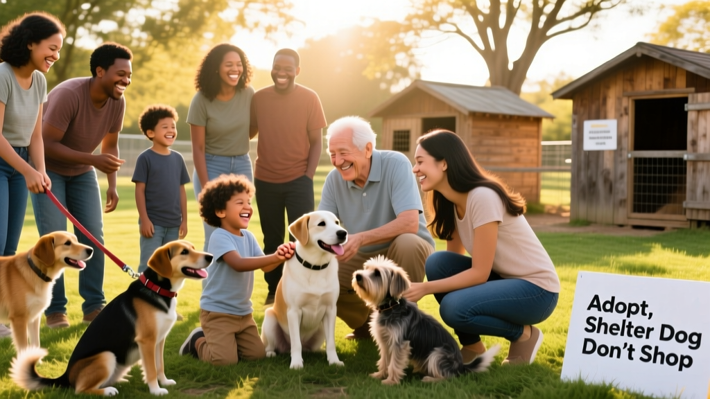 A joyful, diverse group of people meeting adoptable dogs at a sunny outdoor shelter event