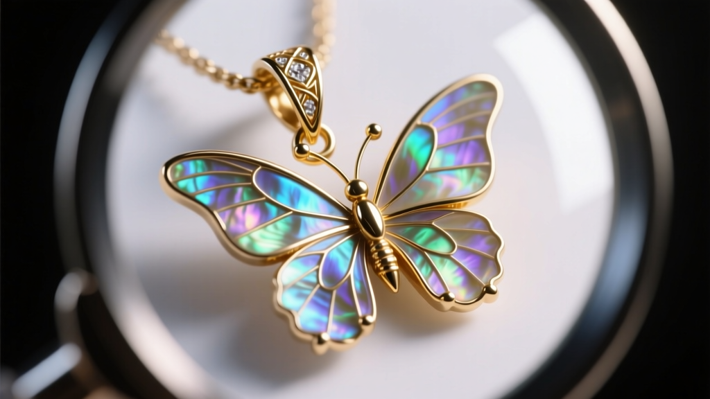 Jeweler loupe view of a butterfly pendant prong securing an abalone shell wing, showing precise metal tension and the shell edge