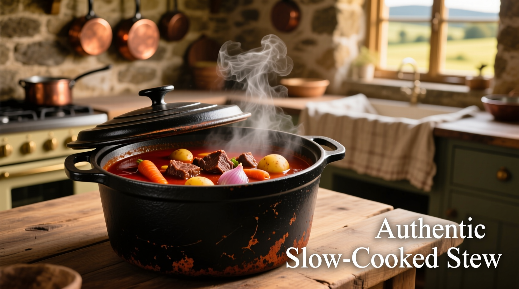 Cast iron Dutch oven with steaming beef stew