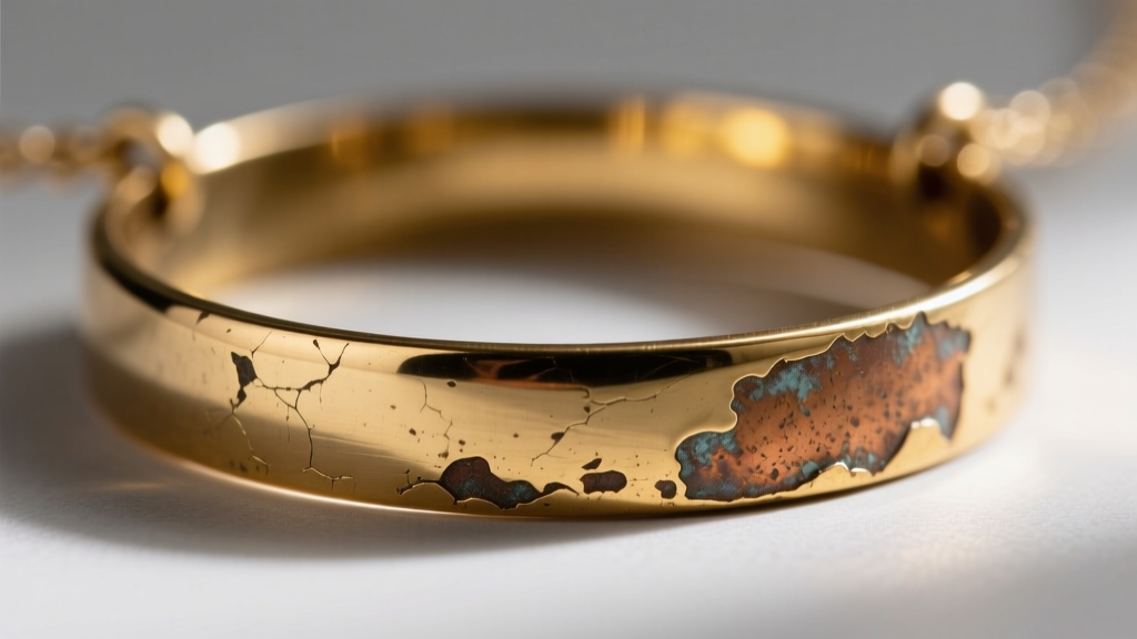 Magnified edge of a tarnished gold-plated brass disk necklace, showing base metal under the worn 0.5-micron flash plating layer.