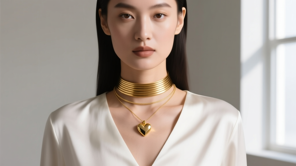 Layered look with a simple gold heart pendant at 18 inches and a 14-inch gold choker worn over a crisp white V-neck silk blouse