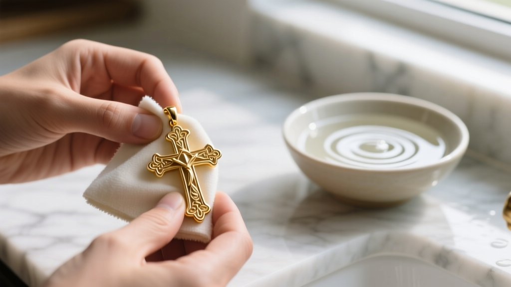Hands polishing a gold vermeil aesthetic cross pendant with a microfiber cloth, bowl of soapy water in the blurred background