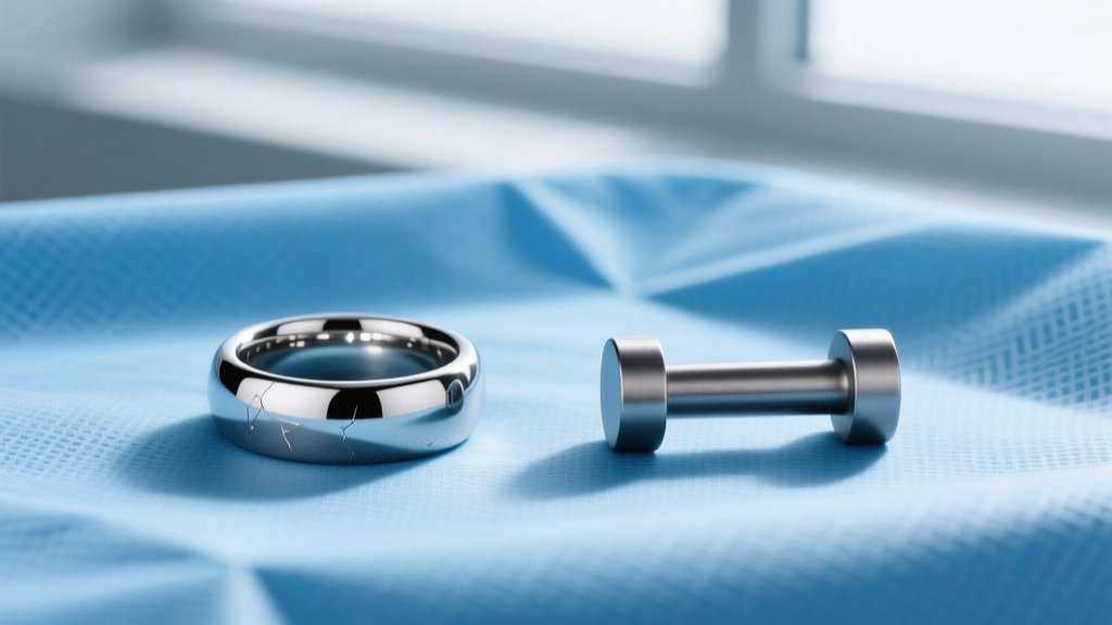 Side-by-side comparison of a polished 316L surgical steel belly ring and a matte titanium barbell on a sterile blue medical drape.