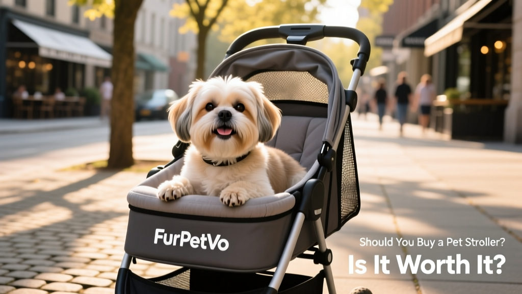 A calm, smiling Shih Tzu resting comfortably inside a FurPetVo pet stroller on a sunny sidewalk