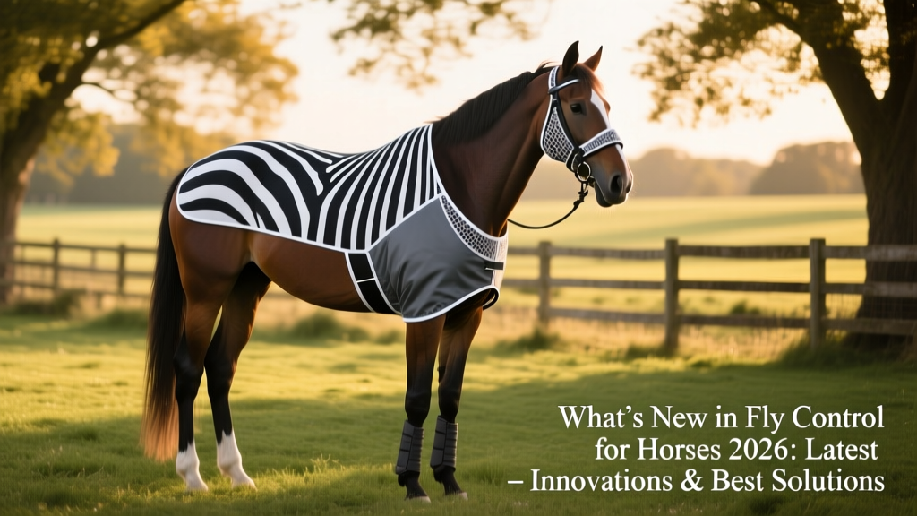 A horse wearing a zebra-patterned fly sheet and matching fly mask, standing comfortably in a shaded paddock