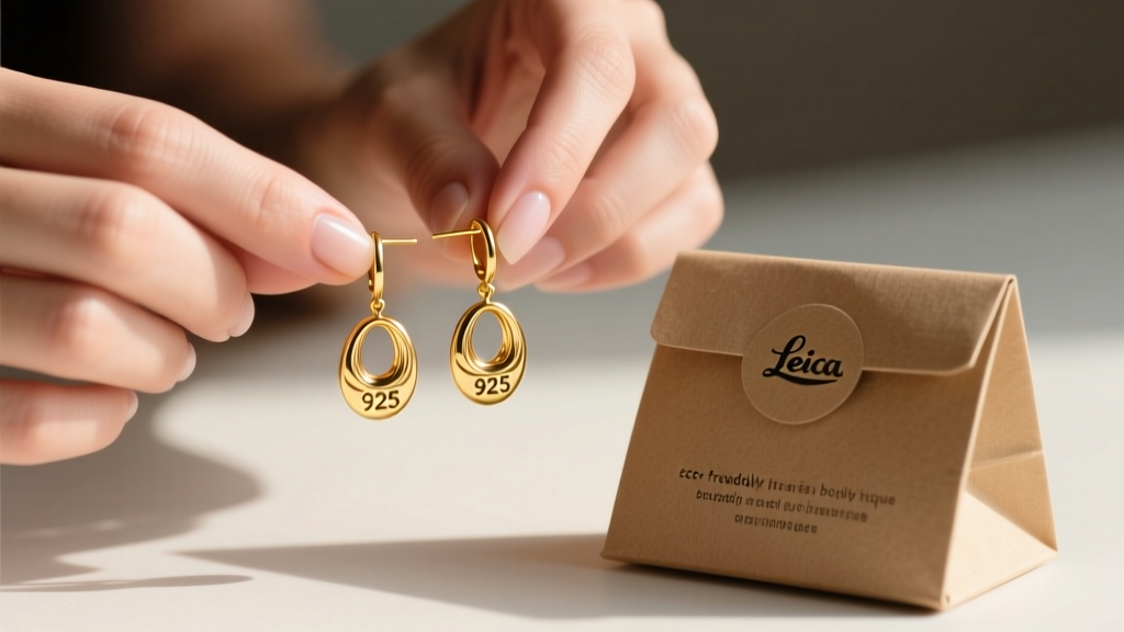 Close-up of hands inspecting the 925 hallmark on gold vermeil drop earrings next to eco-friendly kraft paper boutique packaging.