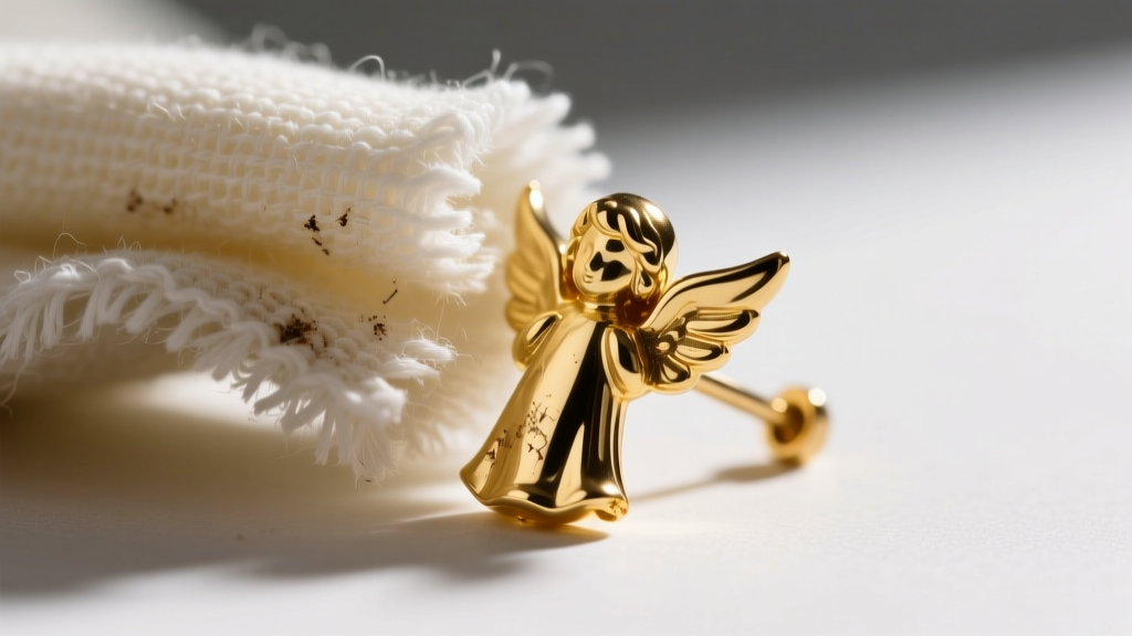 Microfiber cloth cleaning a gold vermeil angel earring, showing base metal tarnish and plating wear on the post and tiny gold tips.