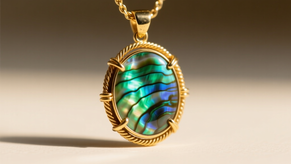 Macro shot of a vintage abalone shell pendant in 14k gold filled wire, showing natural green and blue striations in bright sunlight