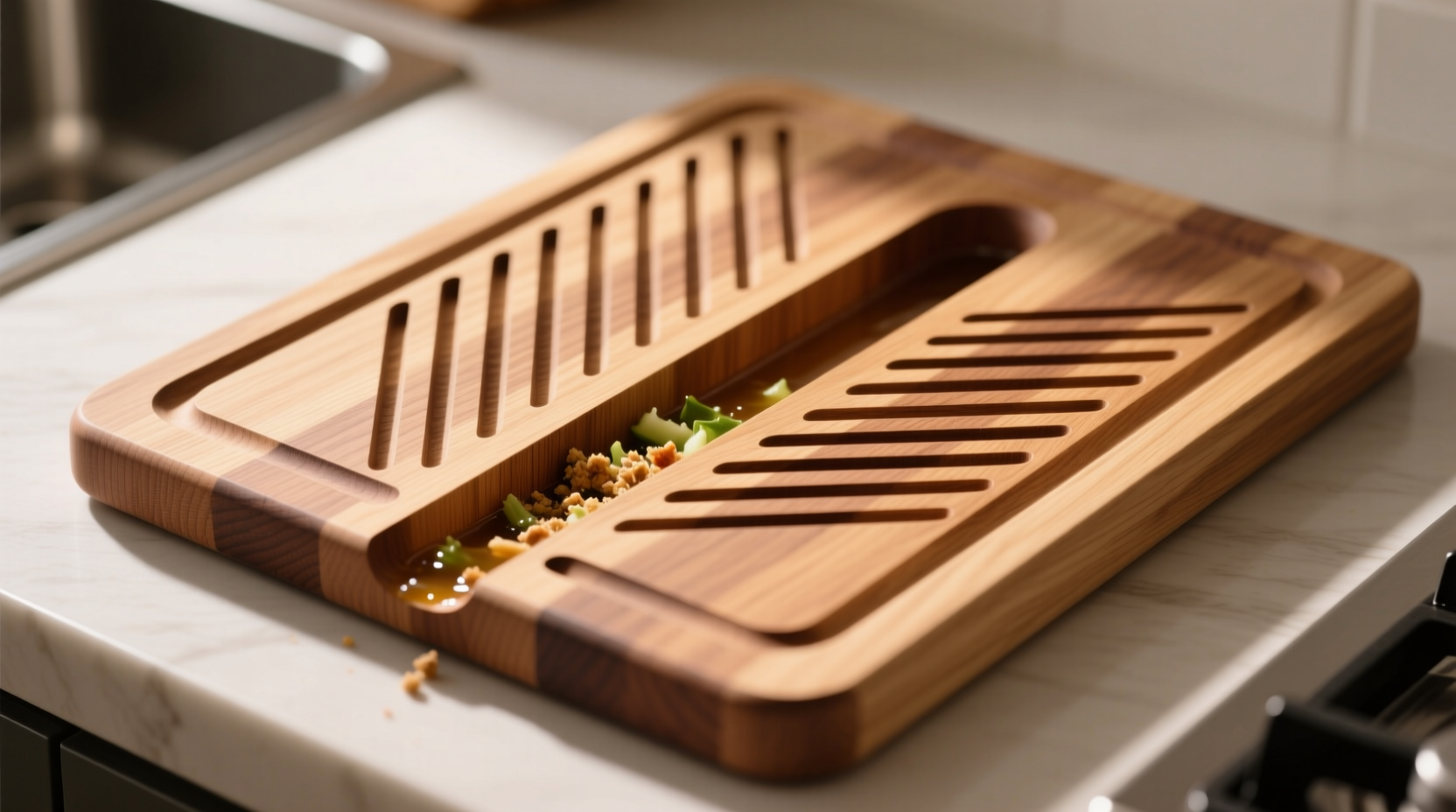 make grooves in your cutting board to make cleanup easi