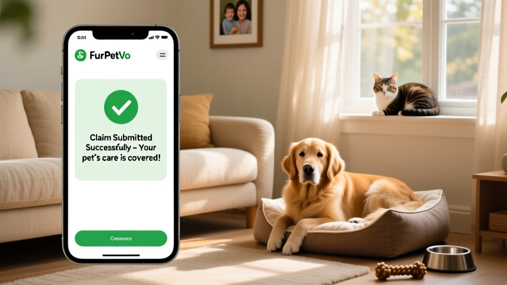 Smartphone screen showing the FurPetVo mobile app with a completed claim submission confirmation