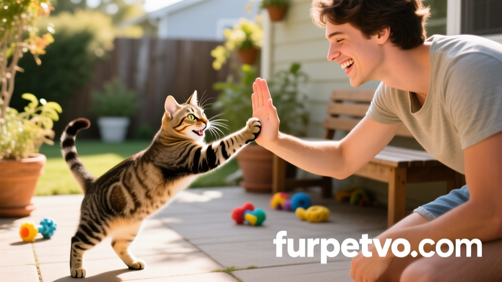 A vibrant FurPetVo branding graphic showing a happy cat and smiling adopter shaking paws, with the website furpetvo.com displayed clearly