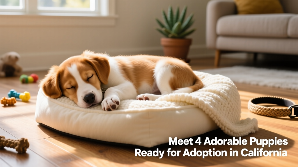 Finn, a tan-and-white medium-sized puppy, curled up asleep on a cozy dog bed with a soft blanket