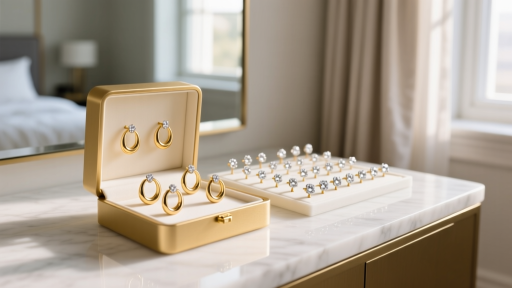 Lori Greiner earring display box on a marble vanity, showcasing rows of gold hoops and diamond studs under soft morning light