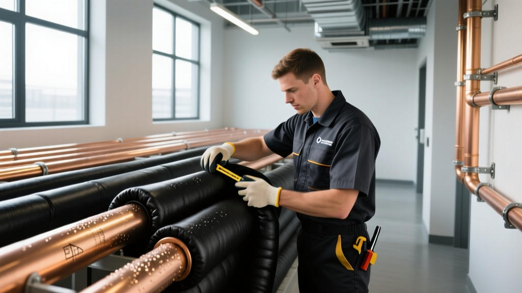 HVAC technician measuring and wrapping black elastomeric foam insulation around copper refrigerant lines in a commercial mechanical room