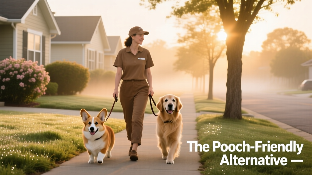 A pet sitter walking two dogs side-by-side along a quiet neighborhood street at sunrise
