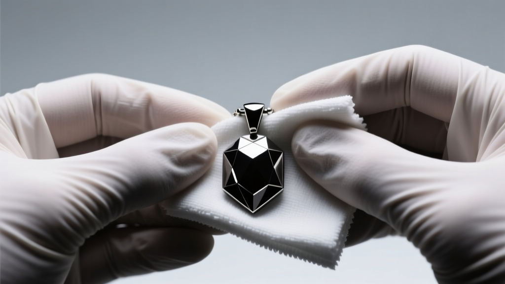 Hands in nitrile gloves gently wiping a black PVD titanium pendant with a damp microfiber cloth under bright studio lighting.
