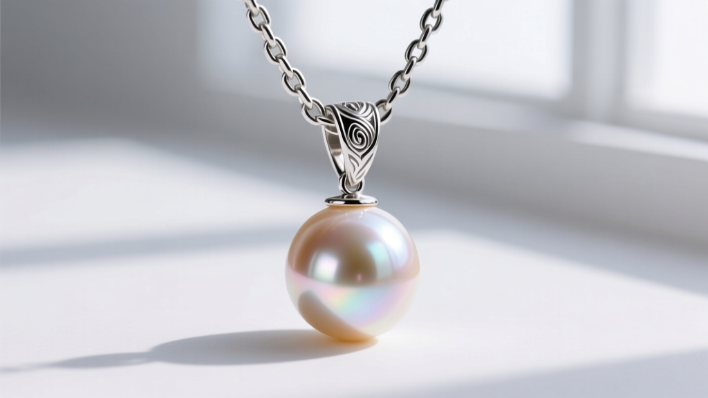 14mm South Sea pearl mounted on a heavy platinum enhancer bail, attached to a thick 3mm sterling silver box chain necklace.