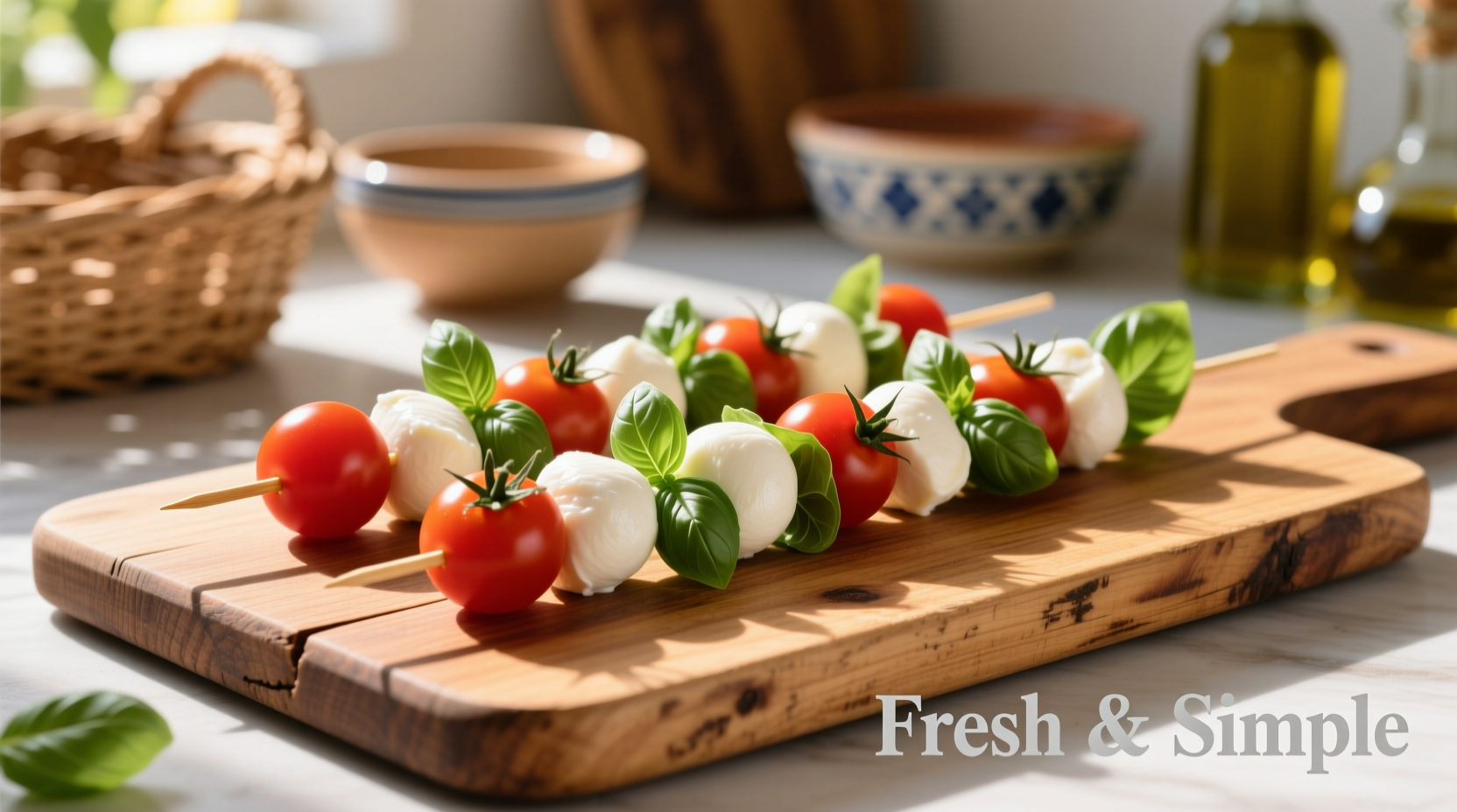 Fresh mozzarella tomato basil skewers on wooden board