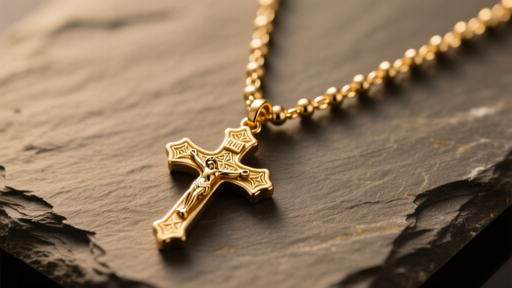 Small 14k gold rosary necklace on slate, highlighting the tiny crucifix and fine bead chain links under soft, warm studio lighting
